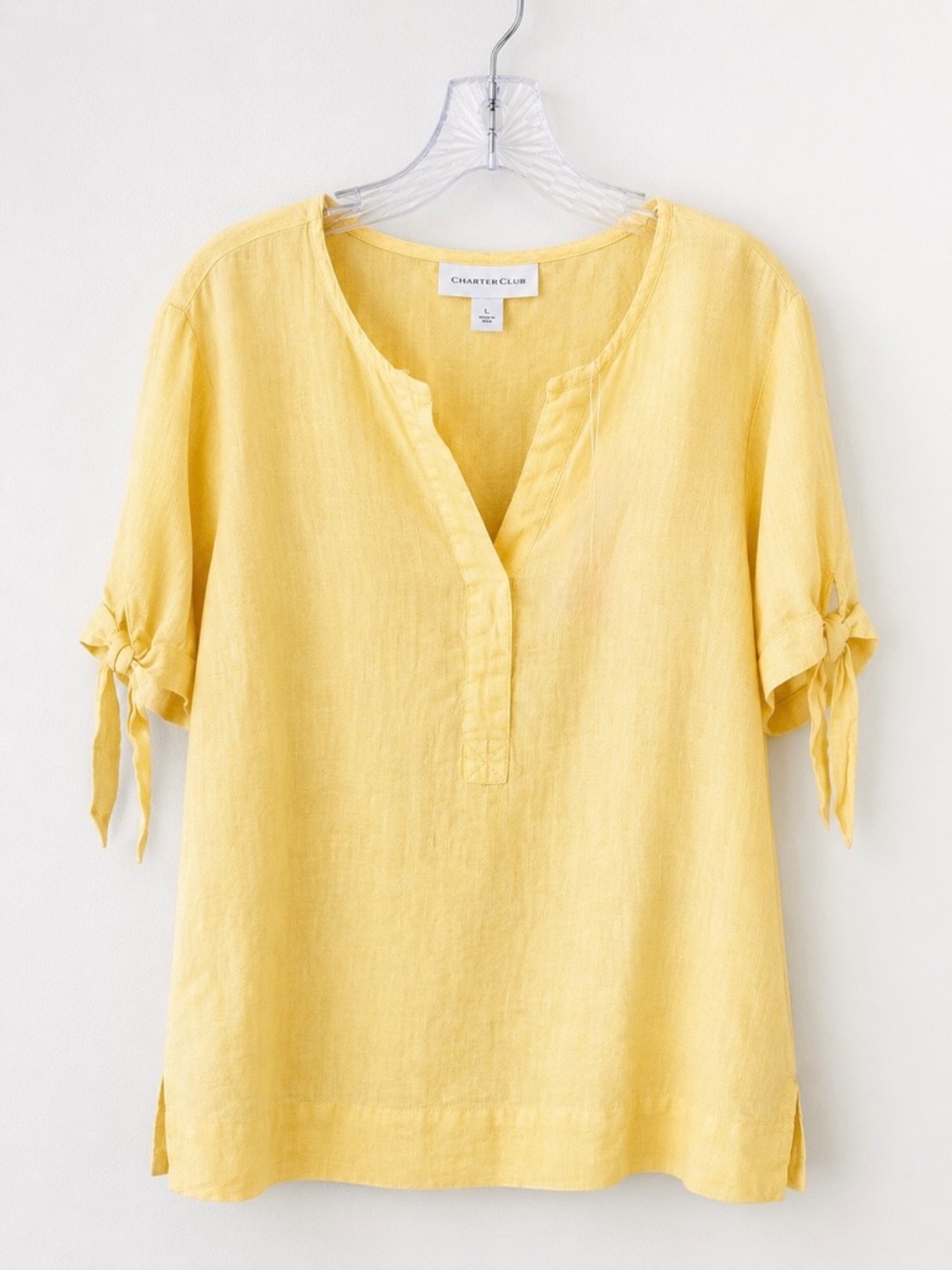 Charter Club Linen Tie Sleeve Blouse Lemon Yellow Split Neck Top Size Large